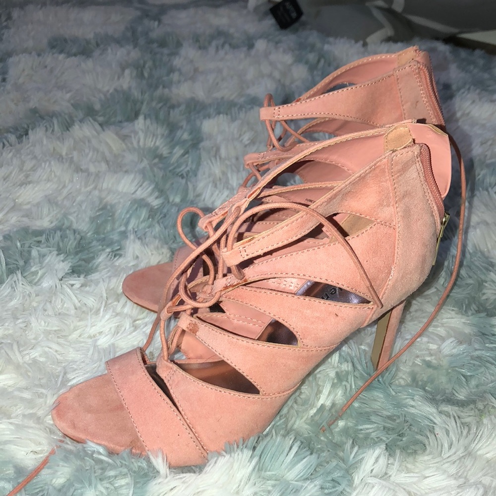 Coral Lace up front heels